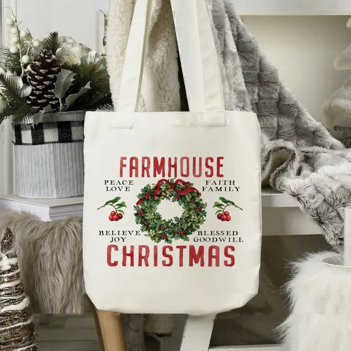 Farmhouse Christmas Canvas Tote Bag – Rustic Holiday Shopping & Gift Bag