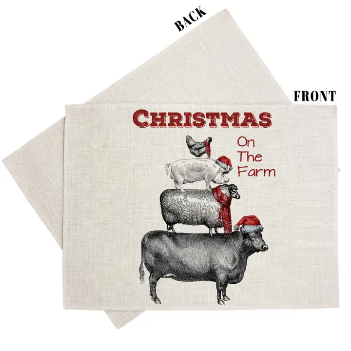 Christmas on the Farm Linen Placemat –Set of Two Rustic Holiday Table Decor
