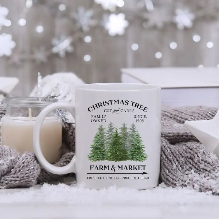 Cut & Carry Christmas Trees White Ceramic Mug – Rustic Holiday Coffee Cup