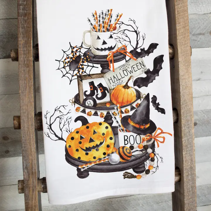 Halloween Farmhouse Tier Tray Flour Sack Tea Towel – Spooky & Rustic Kitchen Decor