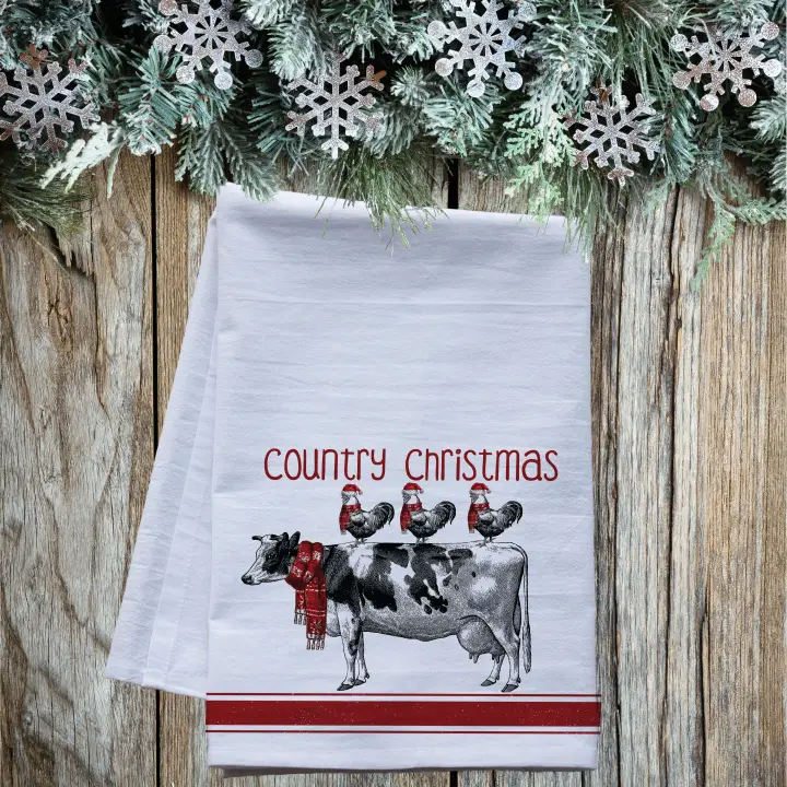 Country Christmas Flour Sack Tea Towel – Rustic Holiday Kitchen Decor