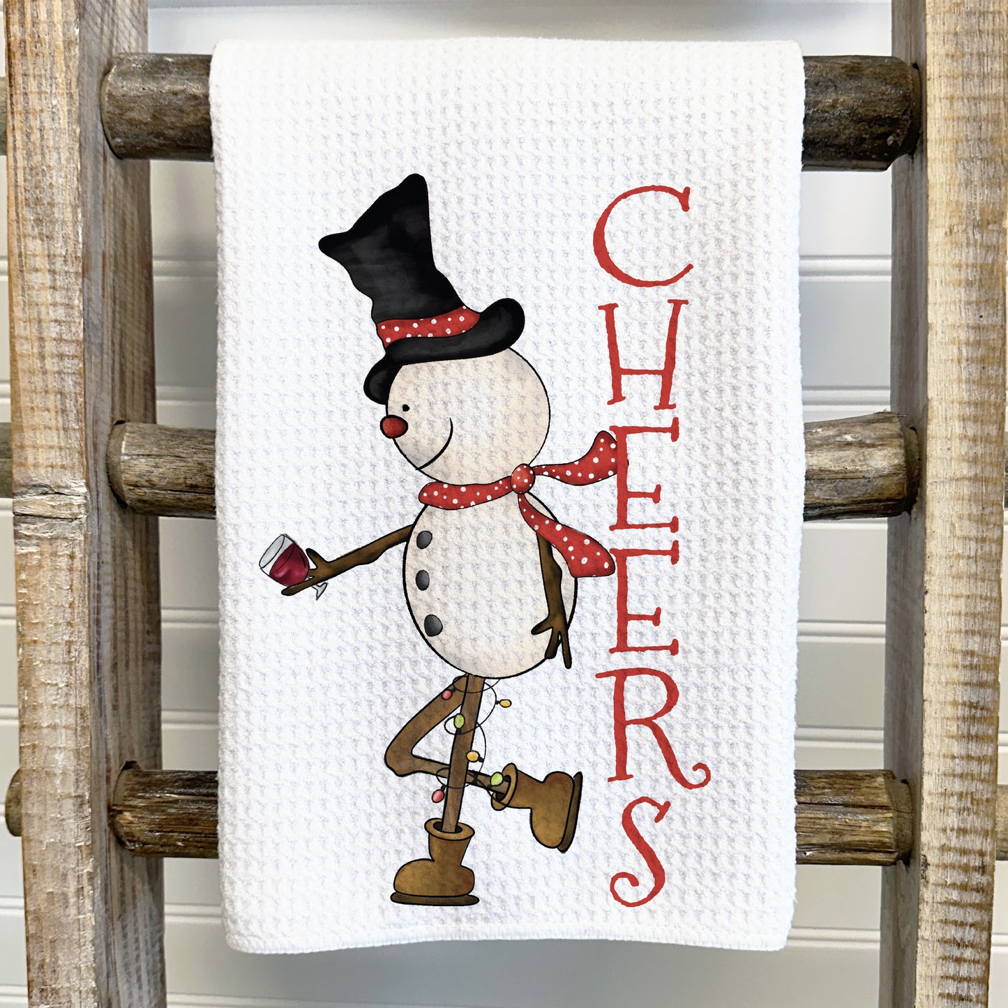 Cheers Snowman Tea Towel – Waffle Weave or Flour Sack Cotton