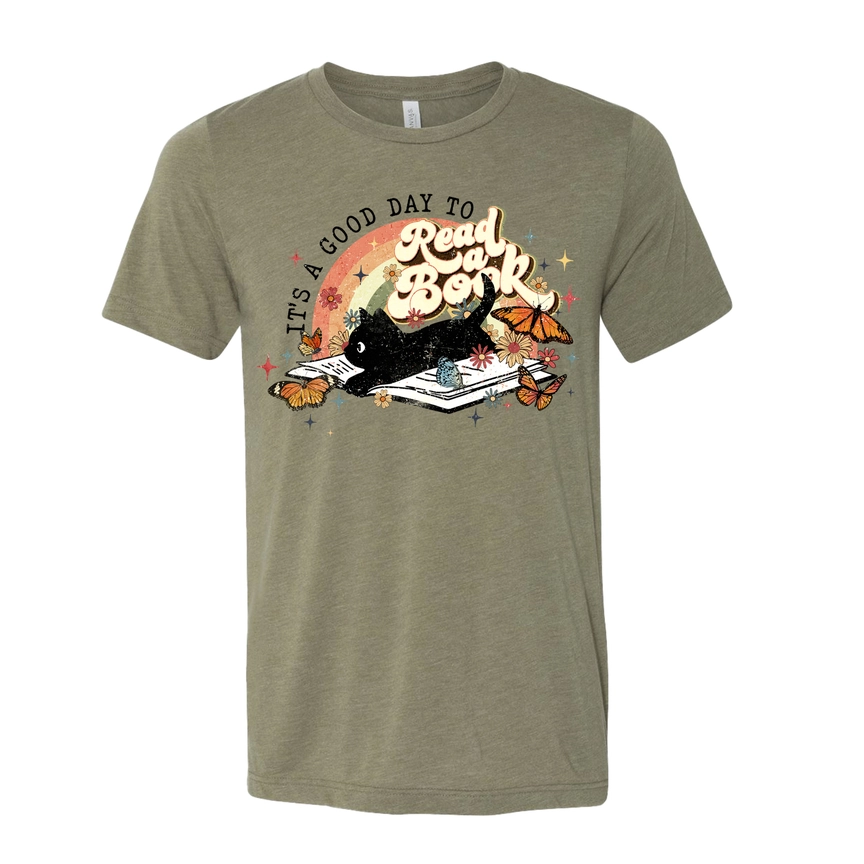 A Good Day to Read a Book T-Shirt – Retro Cat Book Lover Tee