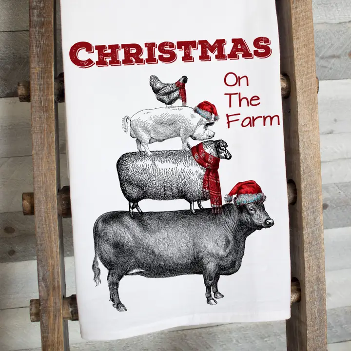 Christmas on the Farm Flour Sack Tea Towel – Rustic Holiday Kitchen Decor