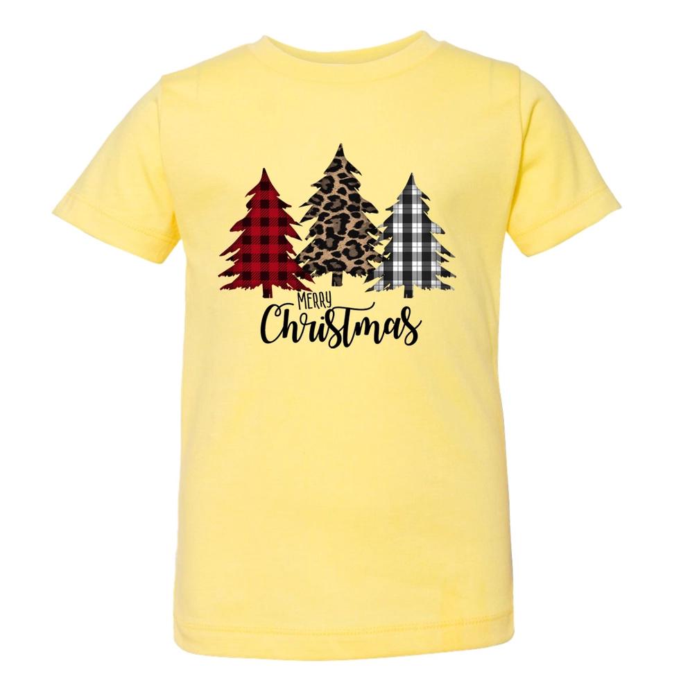 a yellow t - shirt with christmas trees on it