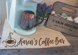 Peronsalized Coffee Bar burlap mat for your keurig coffee maker; a perfect gift for the coffee lover