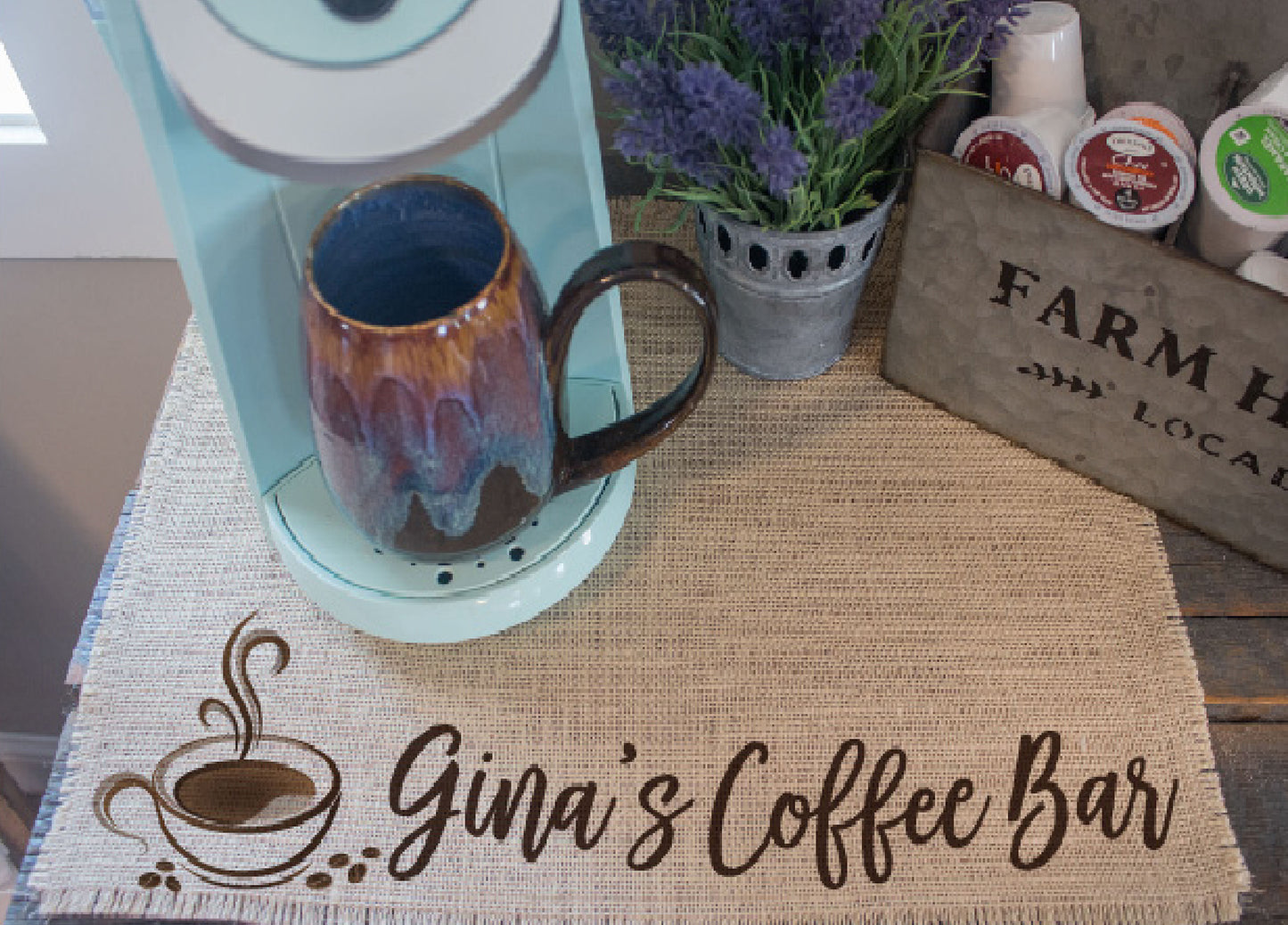 Peronsalized Coffee Bar burlap mat for your keurig coffee maker; a perfect gift for the coffee lover