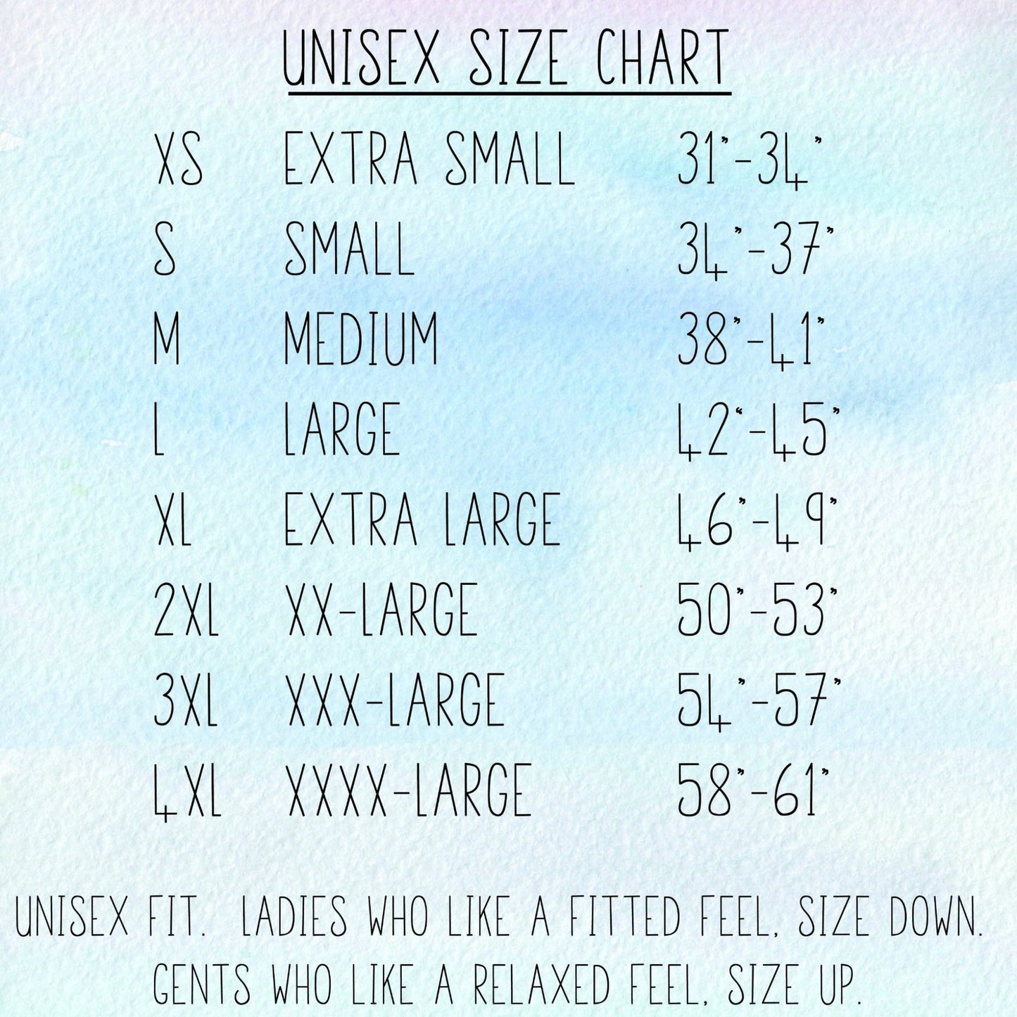 Bella Canvas Unisex Size Chart