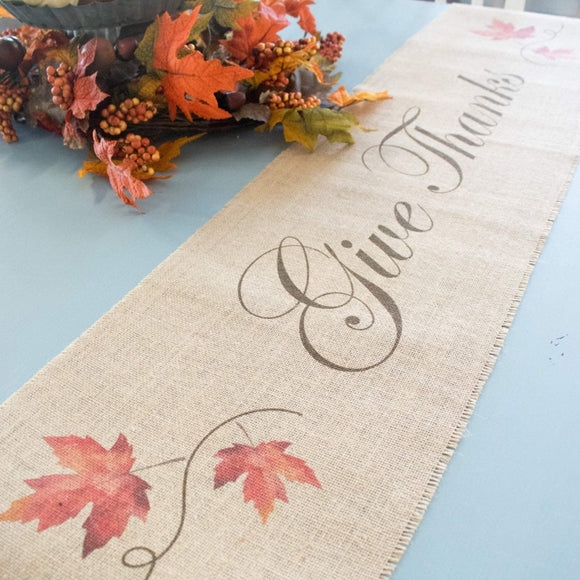 Give Thanks Maple Leaves - Thanksgiving harvest themed burlap table runner for autumn or fall home decor