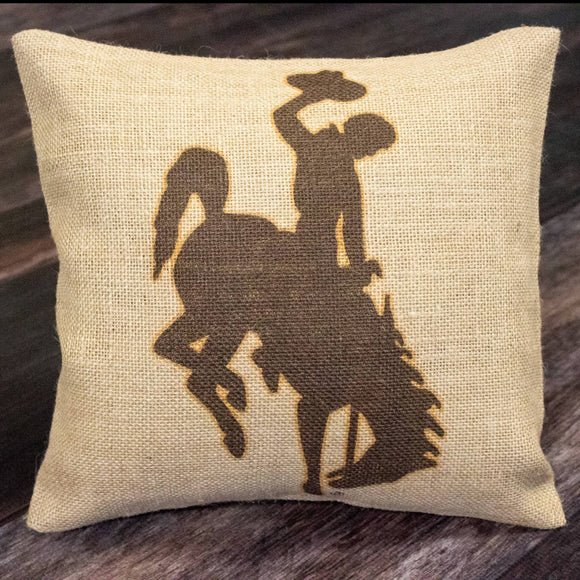 Brown & Gold Wyoming Cowboy and bucking horse textured linen canvas throw pillow - Wyoming steamboat logo WYO Cowboy state pride pillow