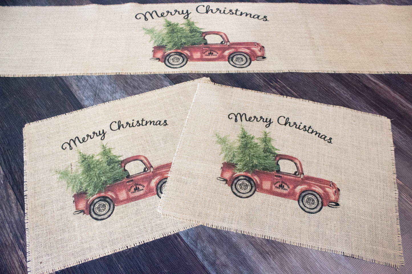 Vintage Red Truck Merry Christmas burlap table runner with optional placemats
