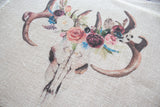 Boho Floral Skull Cream Burlap Placemats - Set of Two Shabby Chic table mats with a Colorful Deer Skull