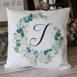 Eucalyptus wreath Monogram pillow on soft white twill - elegant wedding, or housewarming gift