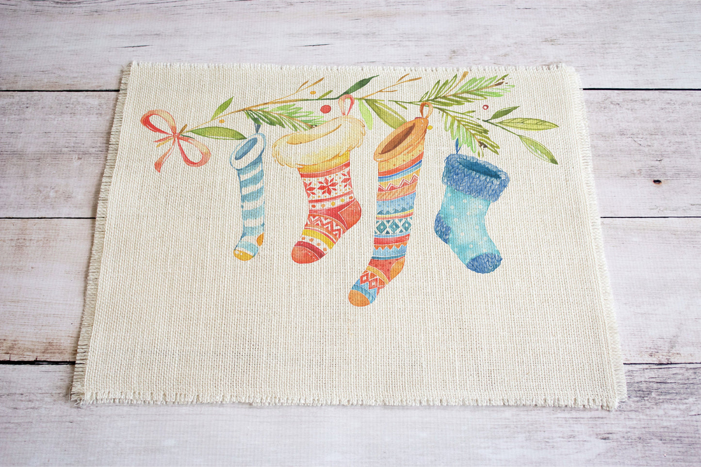Festive Old Fashioned Christmas Stockings on Cream Burlap Placemats