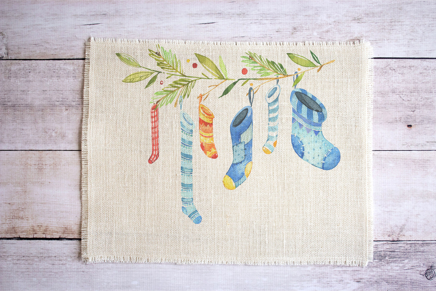 Patchwork Christmas Stockings on Cream Burlap Placemats