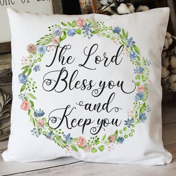 The Lord Bless You and Keep You watercolor art on soft white throw pillow