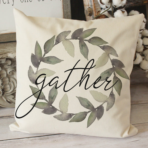 Gather watercolor wreath on natural throw pillow