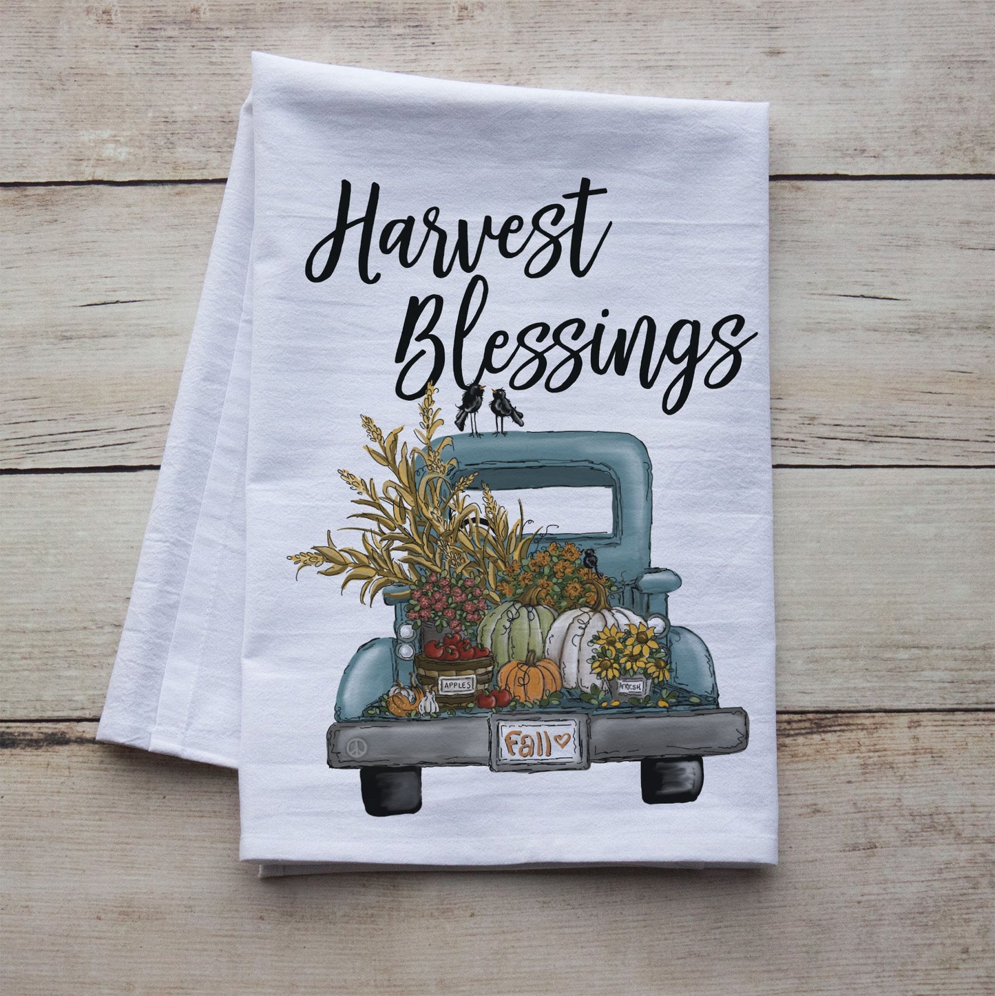 Harvest Blessings Autumn Dish Towel - premium flour sack tea towel old truck of pumpkins fall decor