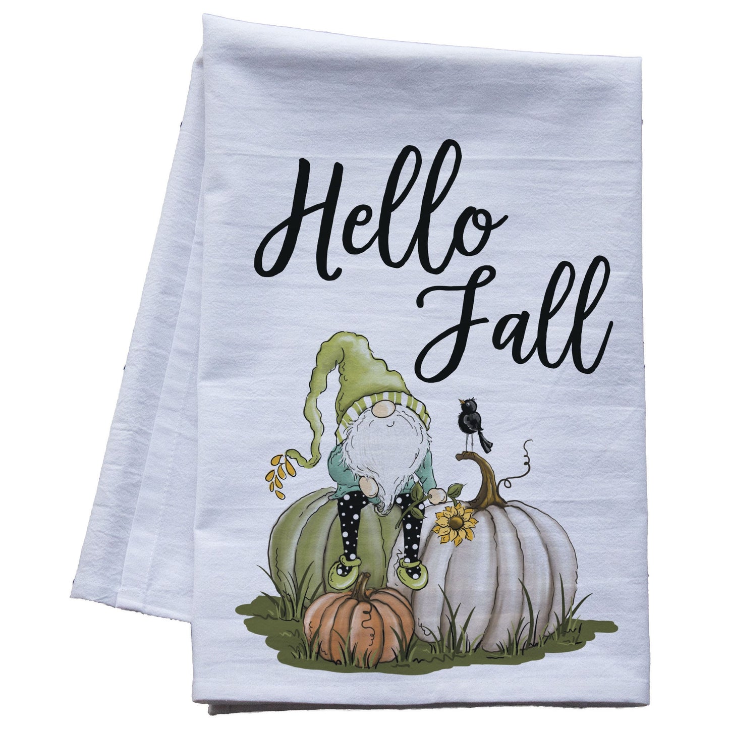 Hello Fall Pumpkin Gnome Dish Towel - premium flour sack tea towel old truck of pumpkins fall decor