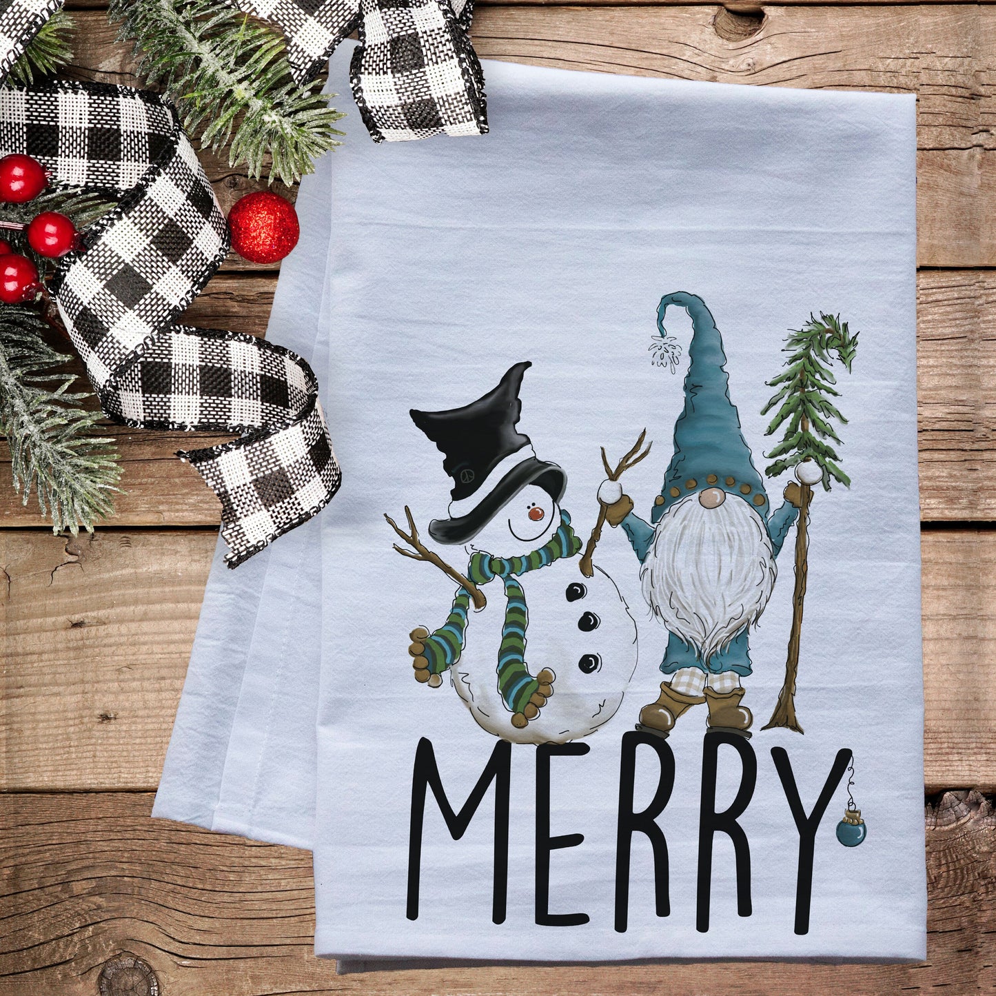 Merry Snowman and Gnome Friends Christmas Dish Towel - premium flour sack tea towel Holiday kitchen decor winter decorations