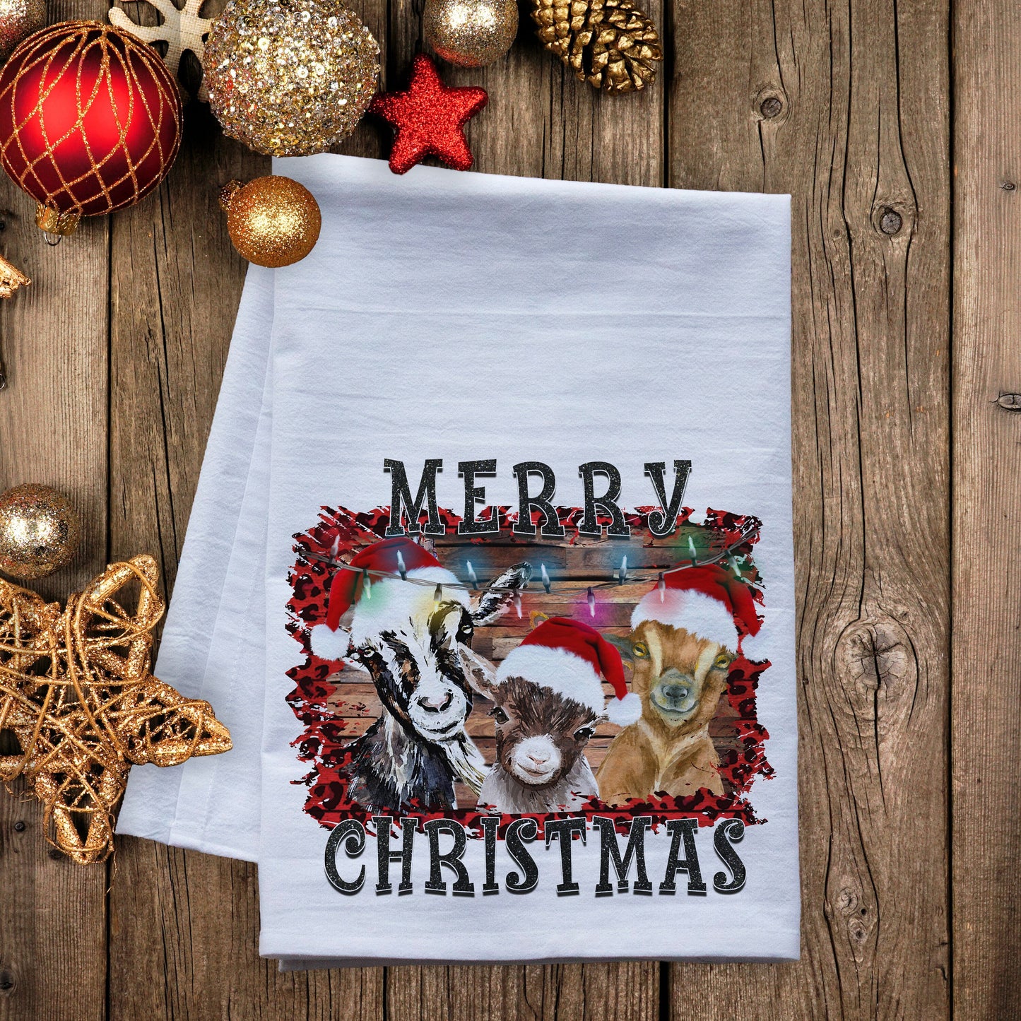 Merry Christmas Goats Dish Towel - premium flour sack tea towel