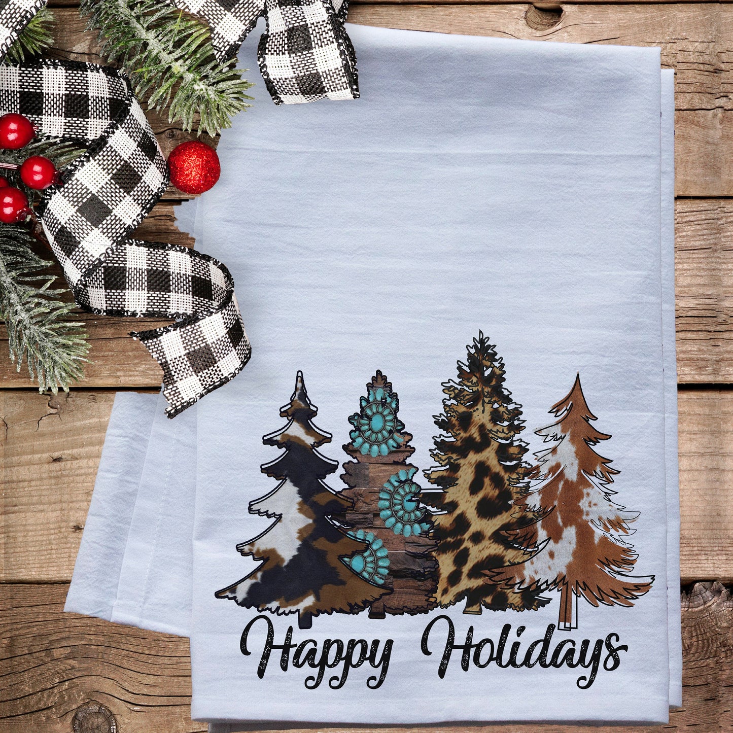 Happy Holidays Western Christmas Trees Dish Towel - premium flour sack tea towel Holiday kitchen decor winter decorations