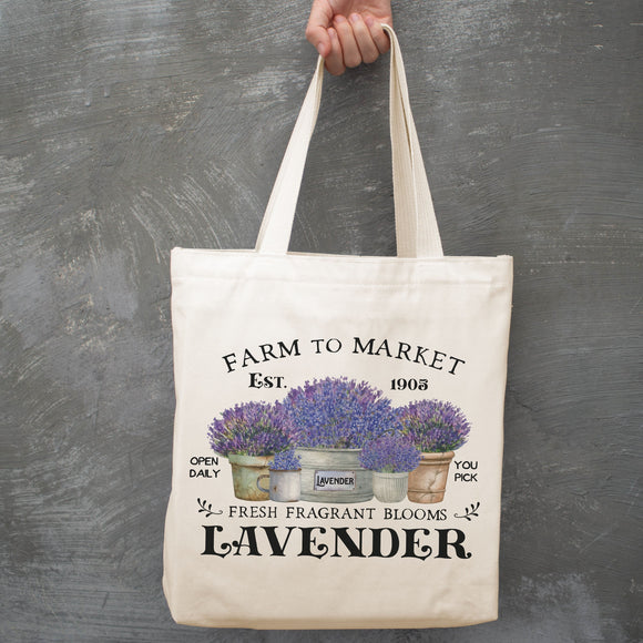 Farm to Market Lavender canvas tote bag -  premium canvas carryall bag perfect for books, shopping or farmers market produce