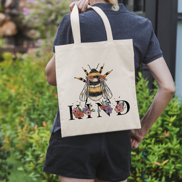 Bee Kind - Flowers canvas tote bag -  premium canvas carryall bag perfect for books, shopping or a reusable grocery bag