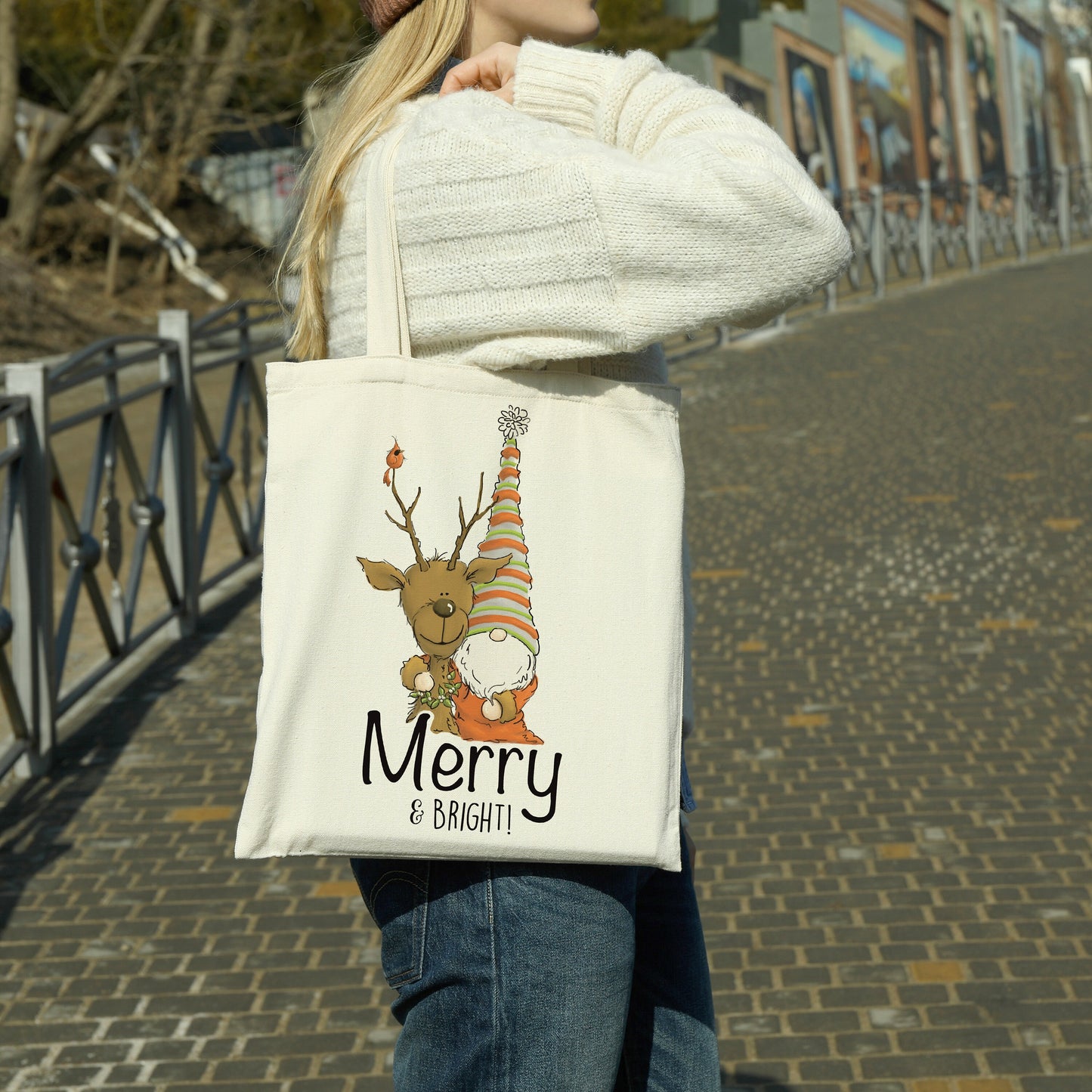 Merry & Bright Gnome/Reindeer canvas tote bag - premium canvas carryall bag perfect for books, shopping or a reusable grocery bag