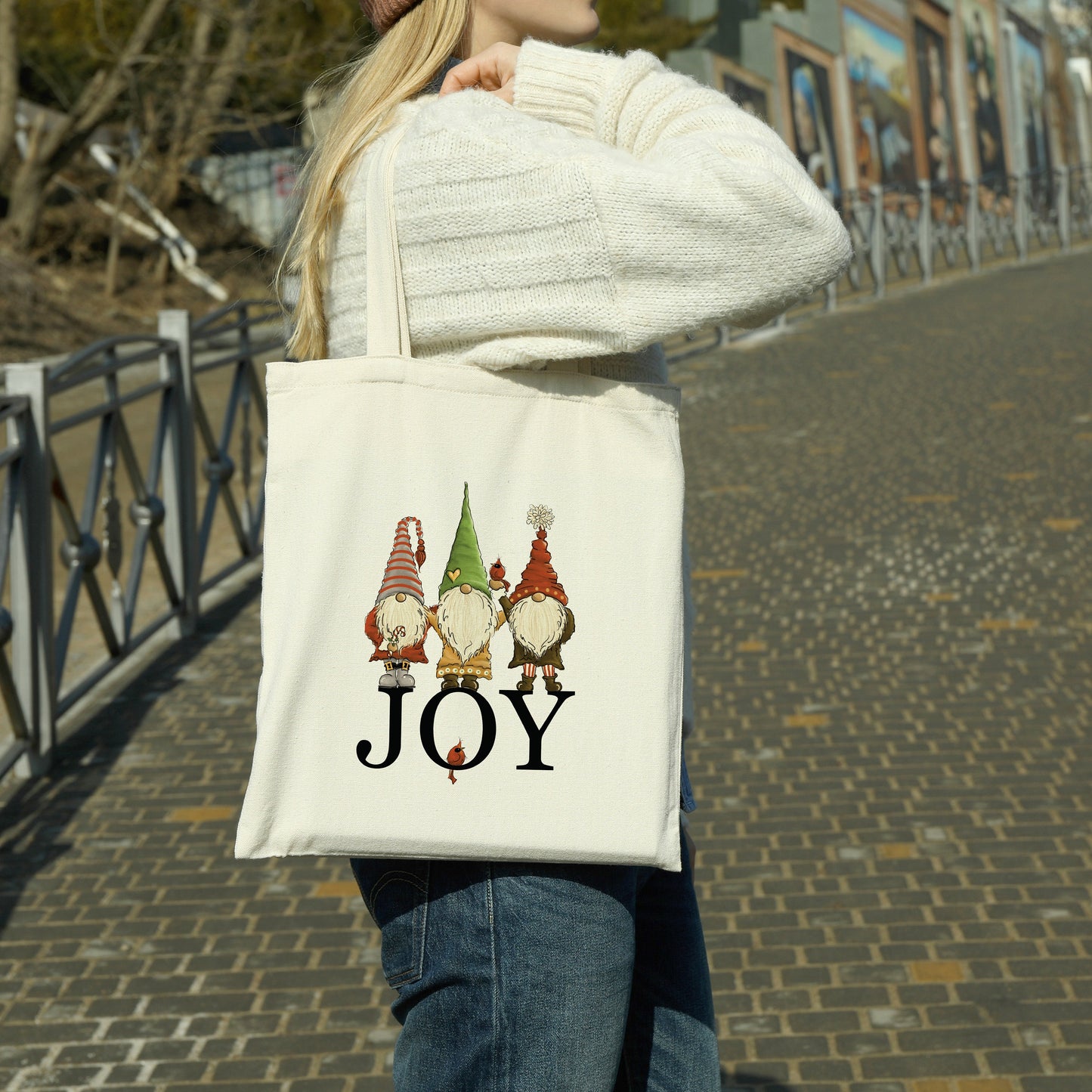 JOY Gnomes & Cardinals canvas tote bag - premium canvas carryall bag perfect for books, shopping or a reusable grocery bag