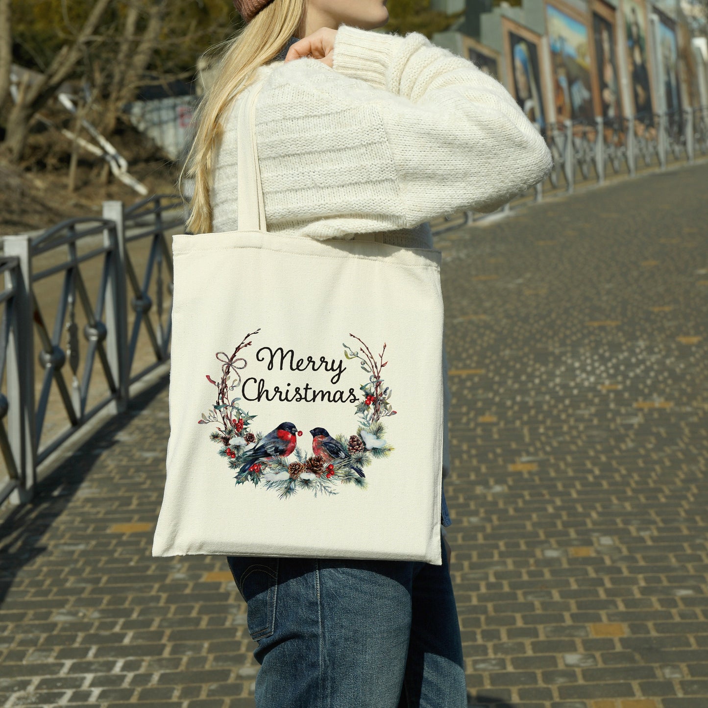 Merry Christmas Birds on Wreath canvas tote bag - premium canvas carryall bag perfect for books, shopping or a reusable grocery bag