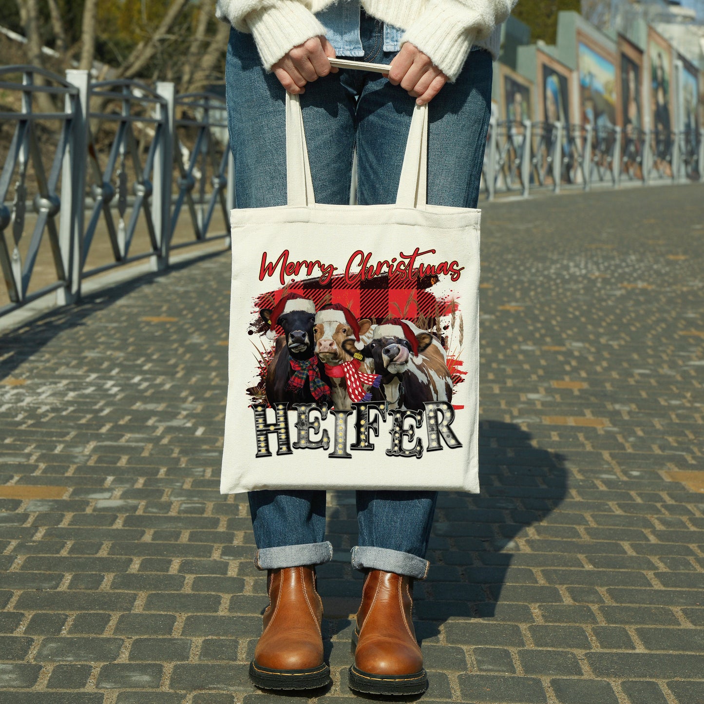 Merry Christmas Heifers canvas tote bag - premium canvas carryall bag perfect for books, shopping or a reusable grocery bag