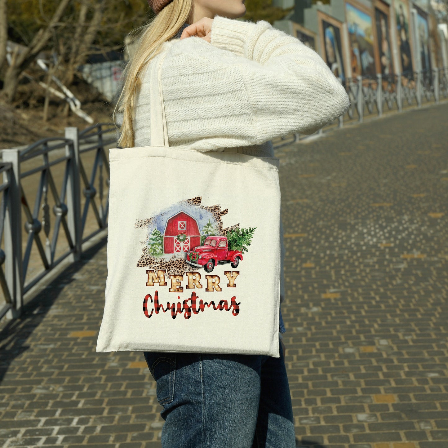 Merry Christmas Barn canvas tote bag - premium canvas carryall bag perfect for books, shopping or a reusable grocery bag