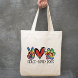 Peace Love Dogs Tie-Dye/Red Heart canvas tote bag -  premium canvas carryall bag perfect for books, shopping or a reusable grocery bag