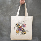 Oh Honey Bees Honey Comb canvas tote bag -  premium canvas carryall bag perfect for books, shopping or a reusable grocery bag