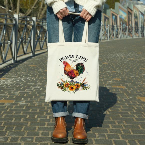 Farm Life Rooster canvas tote bag -  premium canvas carryall bag perfect for books, shopping or a reusable grocery bag