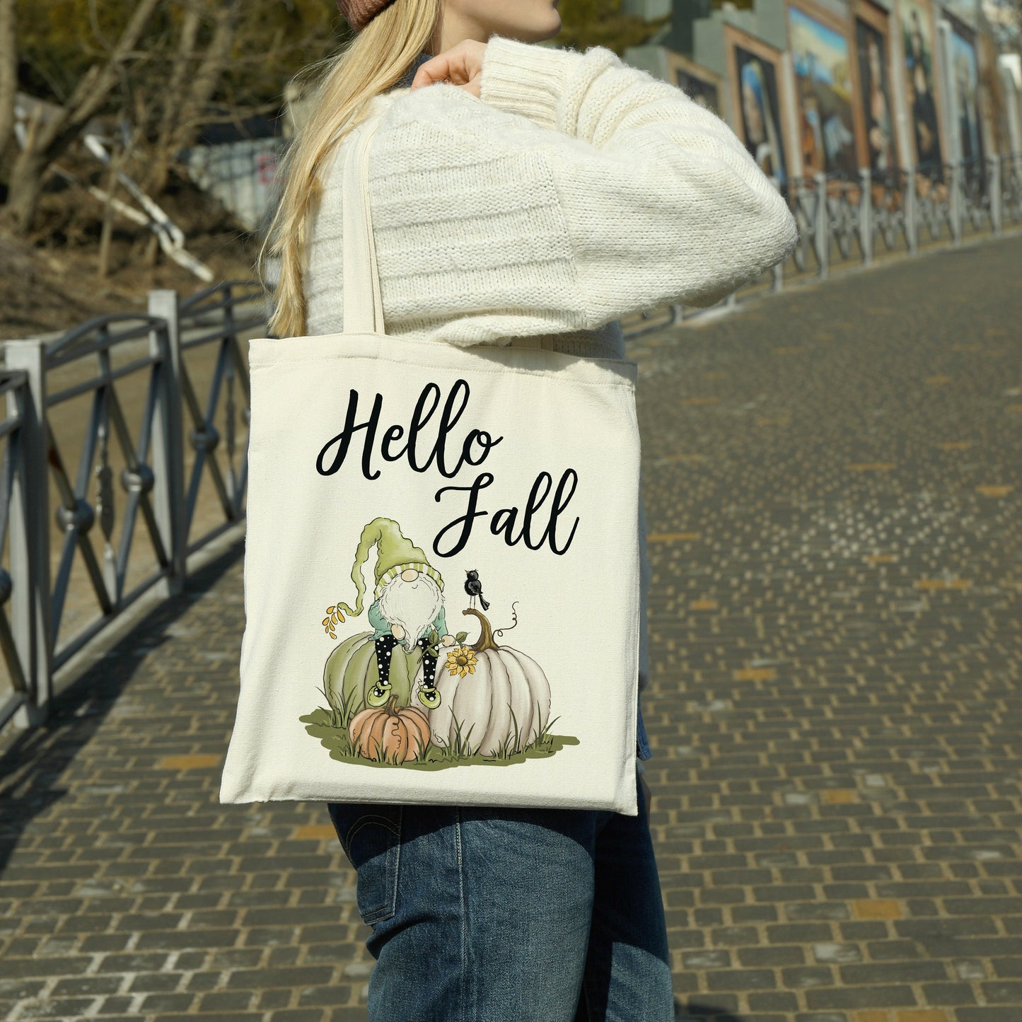 Hello Fall Gnome on Pumpkin canvas tote bag - premium canvas carryall bag perfect for books, shopping or a reusable grocery bag