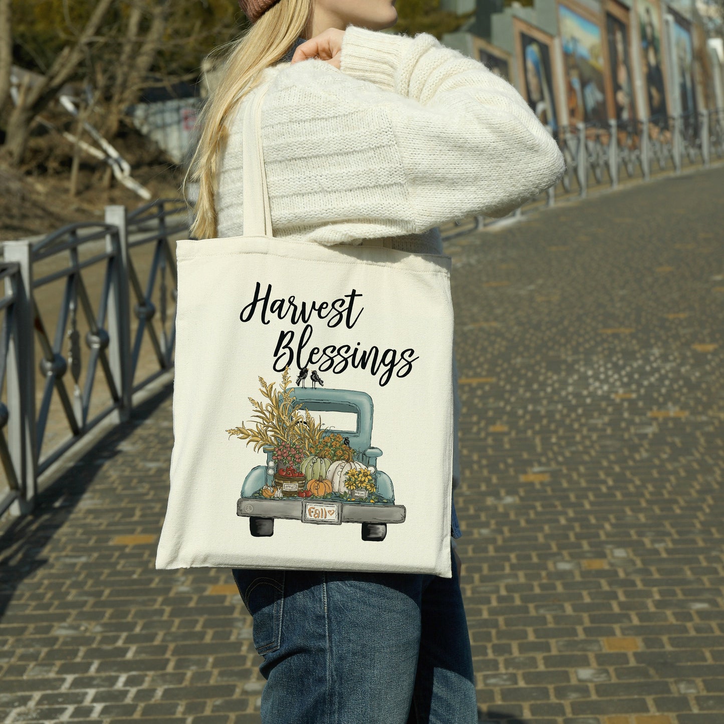 Harvest Blessings Blue Truck canvas tote bag - premium canvas carryall bag perfect for books, shopping or a reusable grocery bag