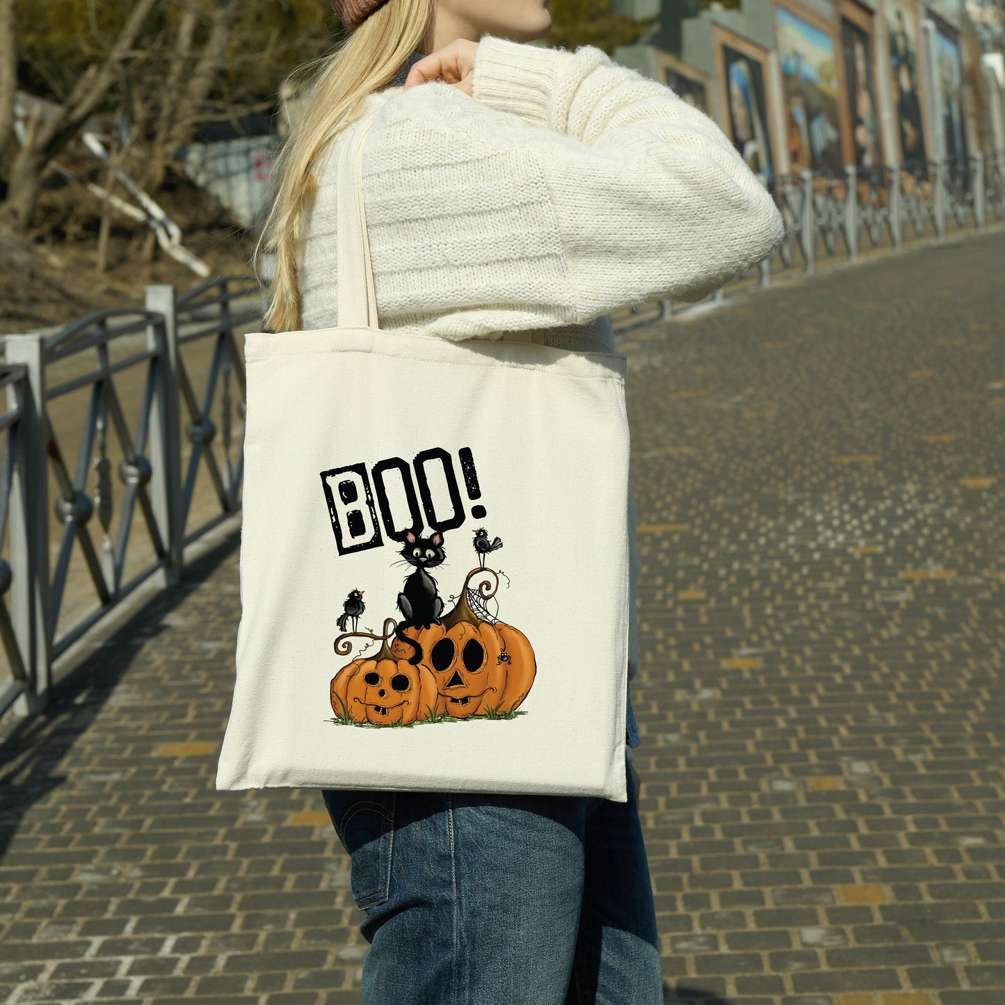 Boo! Cat & Crows canvas tote bag - premium canvas carryall bag perfect for books, shopping or a reusable grocery bag