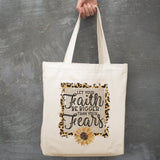 Faith Bigger Fears Sunflower/Leopard canvas tote bag -  premium canvas carryall bag perfect for books, shopping or a reusable grocery bag