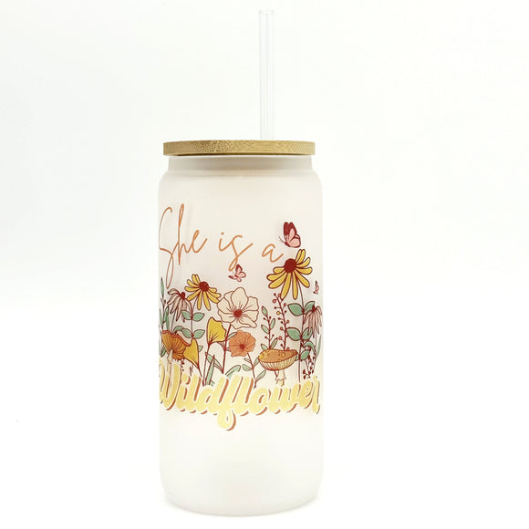 She is a Wildflower 18oz frosted glass cup retro Flower design w/ bamboo lid & straw