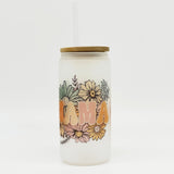 Retro Mama 18oz frosted glass cup Vintage Flower design w/ bamboo lid & straw