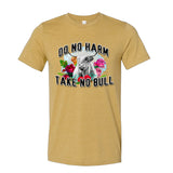 heather mustard shirt wiht a highland cow with horns and vintage flowers that says do no harm take no bull