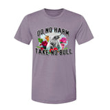 heather purple t shirt wiht a highland cow in front of vintage flowers that says do no harm take no bull
