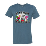 heather deep teal tee shirt wiht a highland cow with horns and vintage flowers that says do no harm take no bull