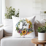 Personalized Watercolor Sunflower Wreath Pillow - Custom Name Throw Pillow, New Home Gift