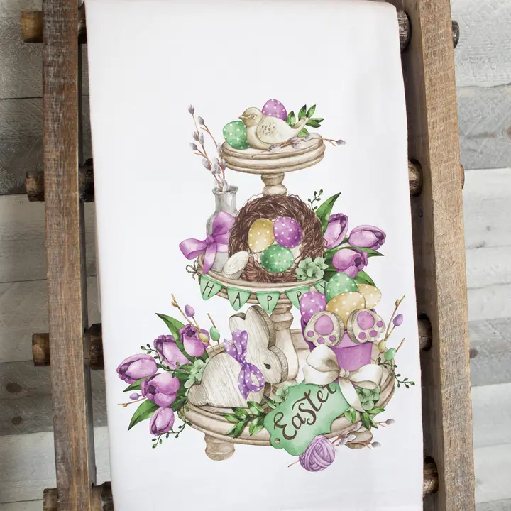 Easter Farmhouse Tier Tray Flour Sack Tea Towel – Rustic Spring Kitchen Decor