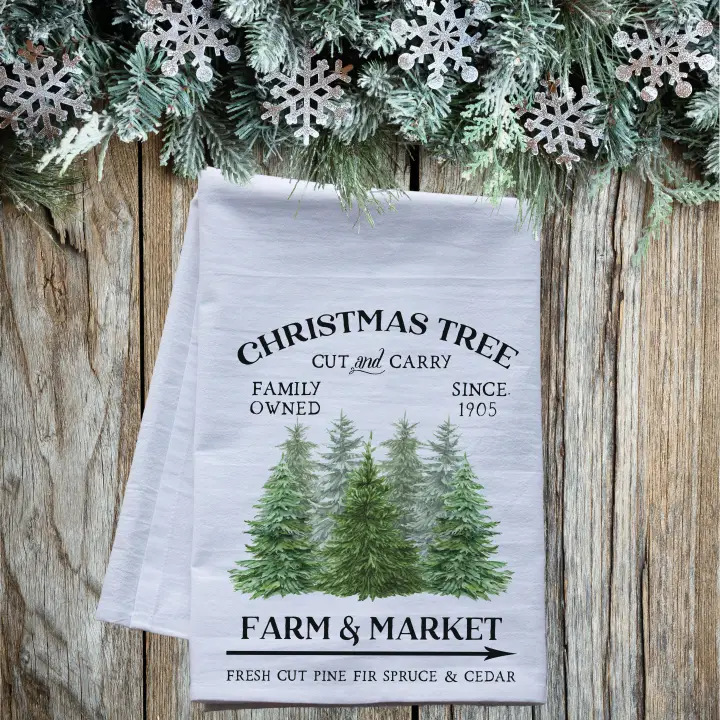 Cut & Carry Christmas Tree Flour Sack Tea Towel – Festive Rustic Kitchen Decor