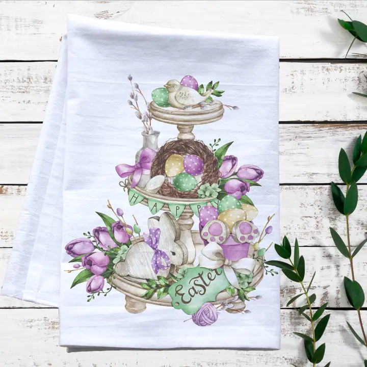 Easter Farmhouse Tier Tray Flour Sack Tea Towel – Rustic Spring Kitchen Decor