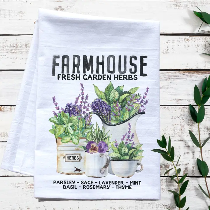 Farmhouse Fresh Garden Herbs Flour Sack Tea Towel – Rustic Kitchen Decor